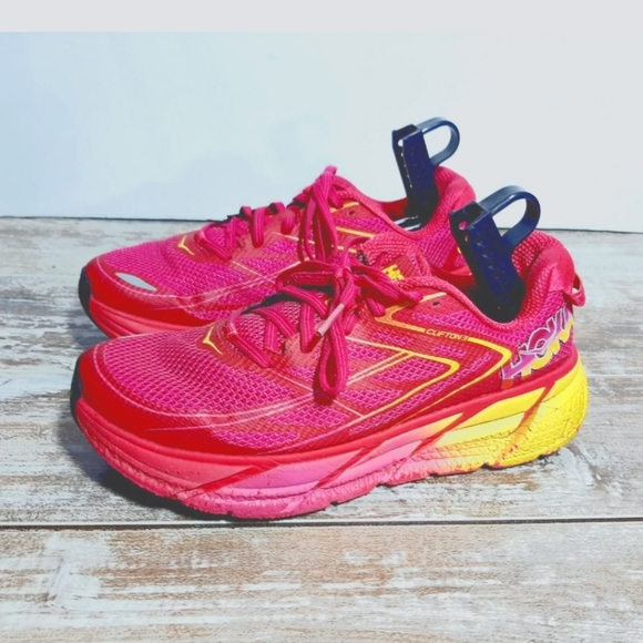 Hoka Shoes - Hoka Pink And Yellow Clifton 3 Women’s 8